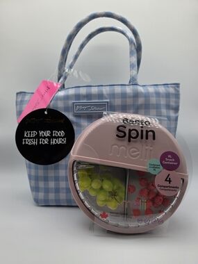 NWT Betsey Johnson Blue Gingham Insulated Lunch Tote & Melii Bento Spin Box Set